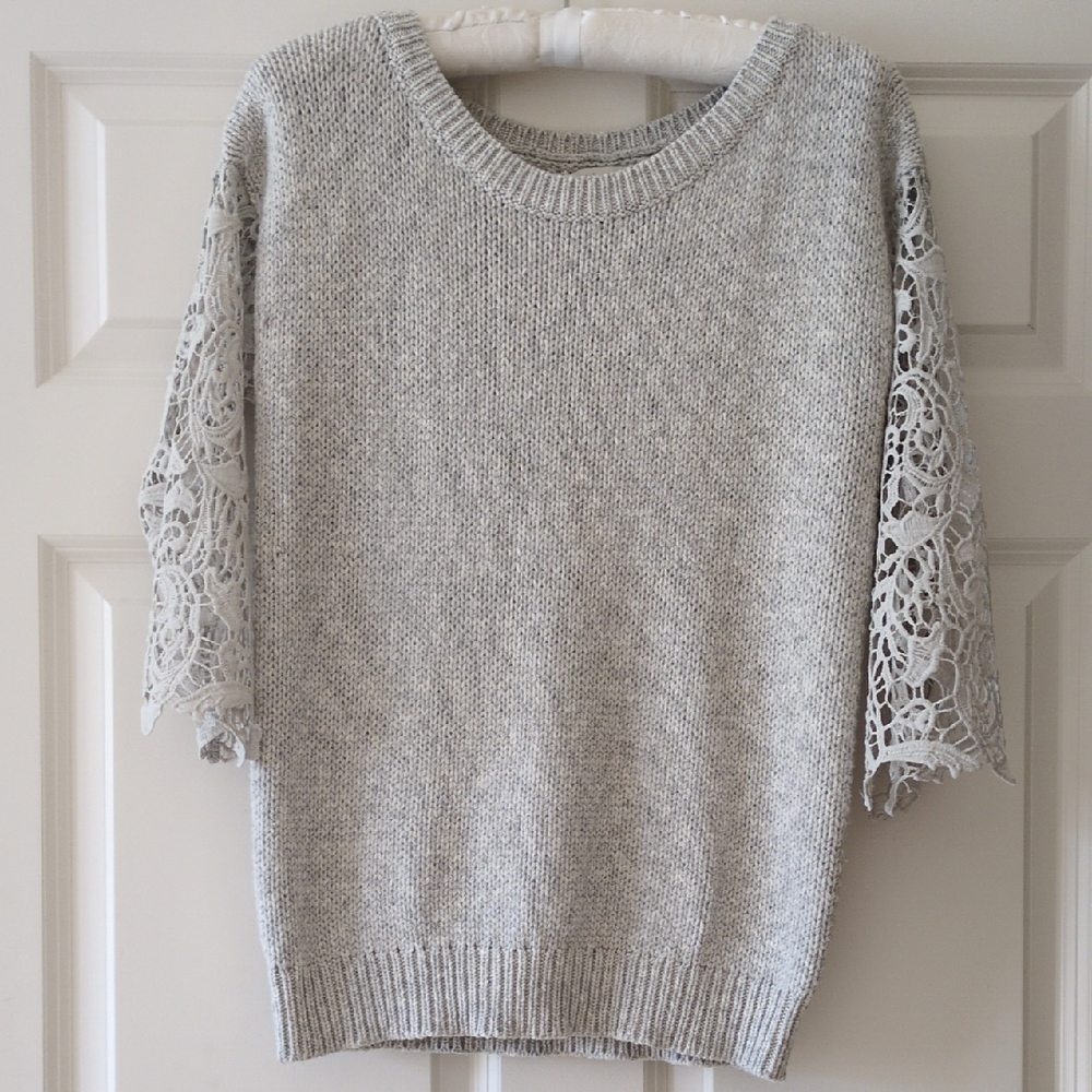 Sundance Sweater Lace Crochet Sleeves Crewneck Grey Soft